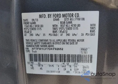 2013 Ford F-150 Lariat z USA, uszkodzony, nr VIN 1FTFW1CF7DKF92652